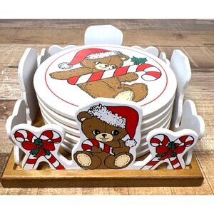 House Of Lloyd Christmas Teddy Bear Coaster Set & Holder